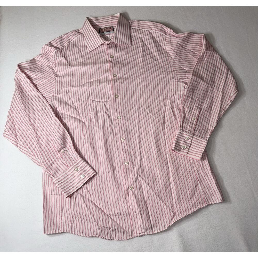 Thomas Pink Dress Shirt Size 17 / 43cm Cotton Made In Morocco‎ Pink Striped